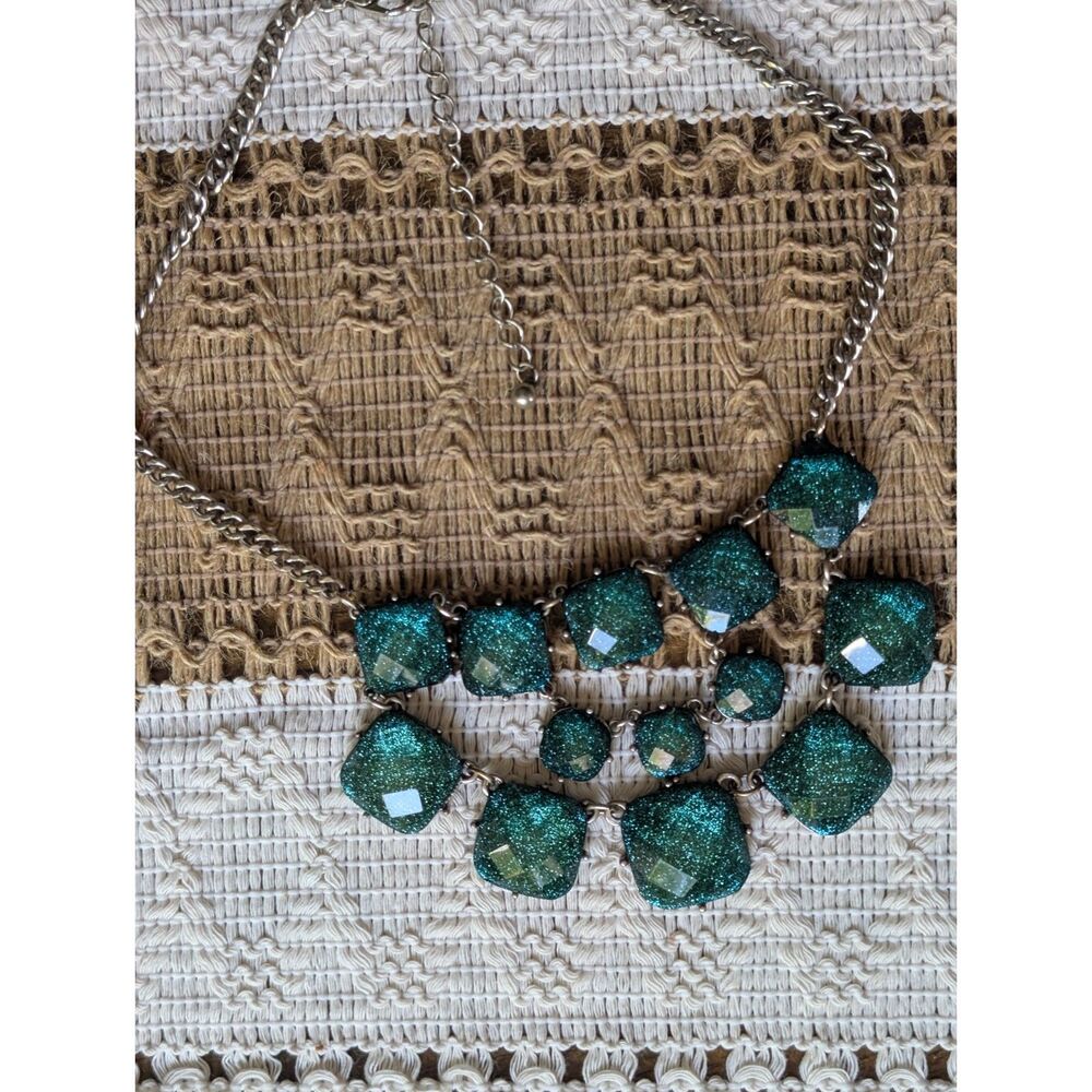 Turquoise Square Bib Necklace Silver Tone with Chain Link